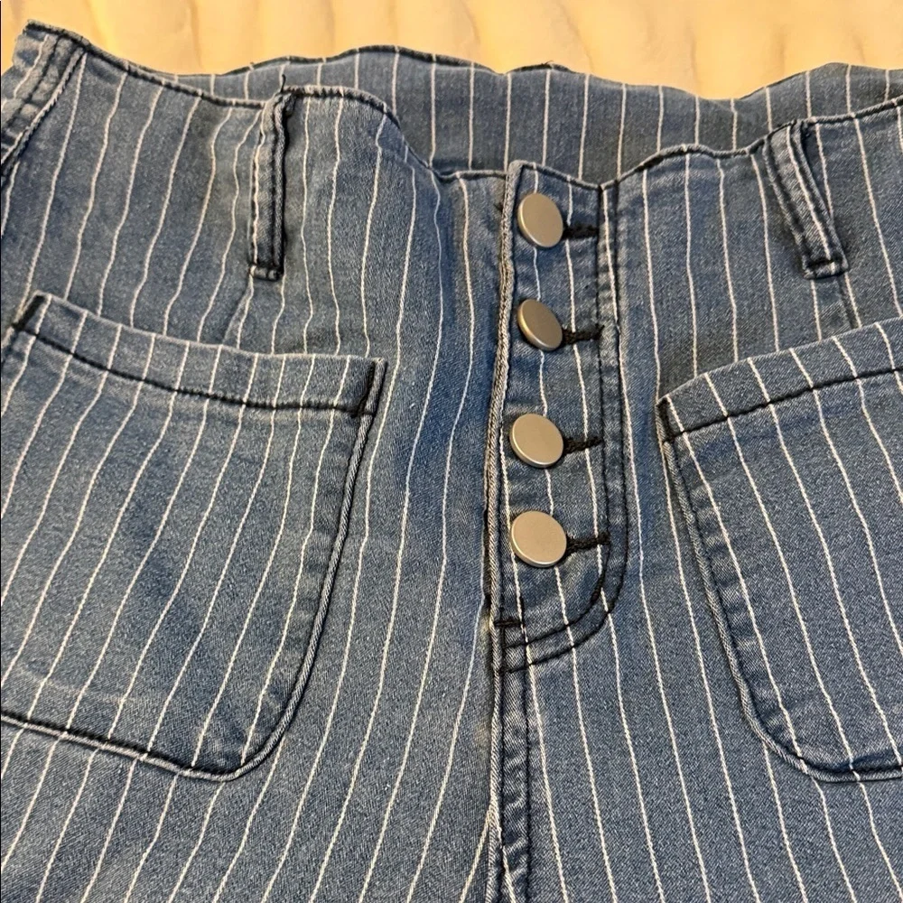 Flex High Waisted Stripes Cropped Straight Leg Casual Jeans with Pockets C3